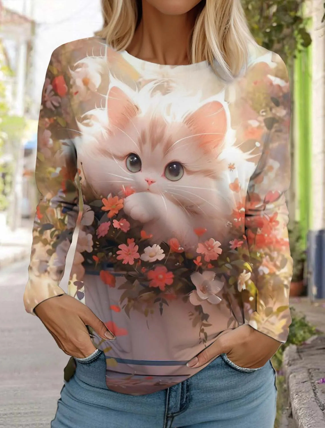Cute Cat Women's Long Sleeves T-Shirt Round Neck