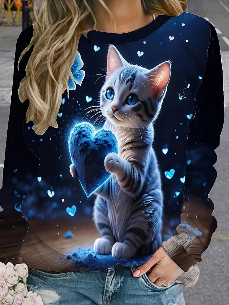 Cat Print Women's Fall/winter Warm Long-sleeved T-shirt