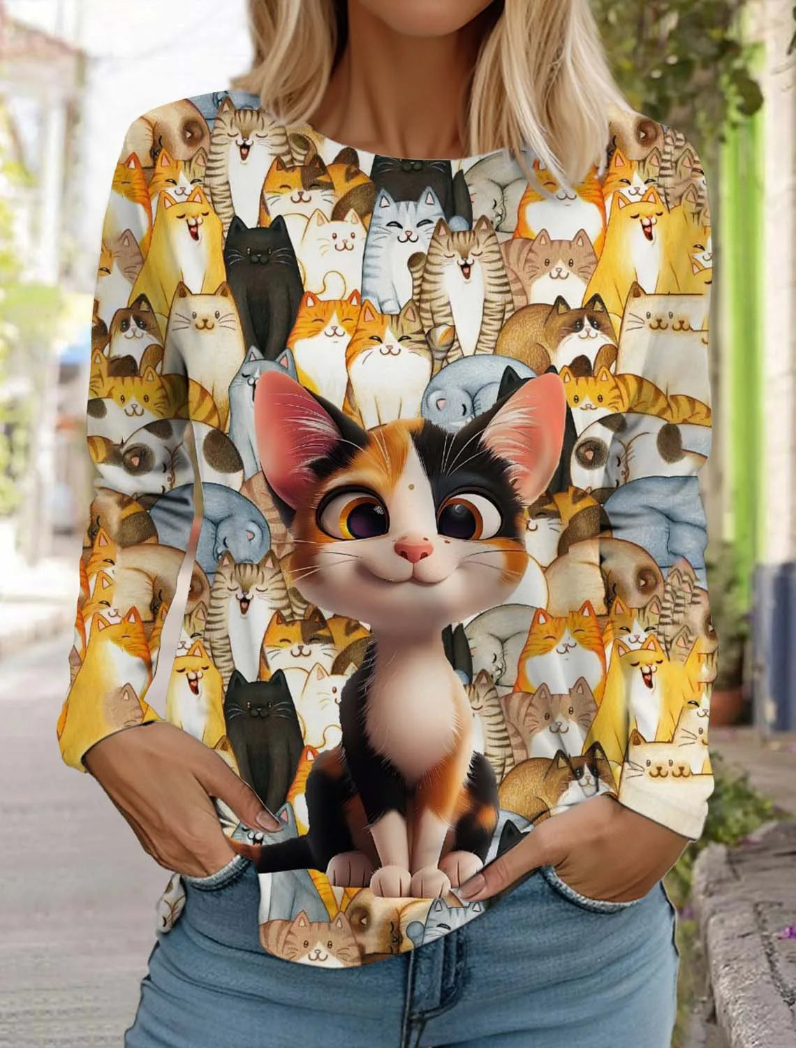 Cute Cat Women's Long Sleeves T-Shirt Round Neck