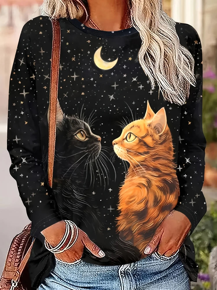 Cat Print Women's Fall/winter Warm Long-sleeved T-shirt