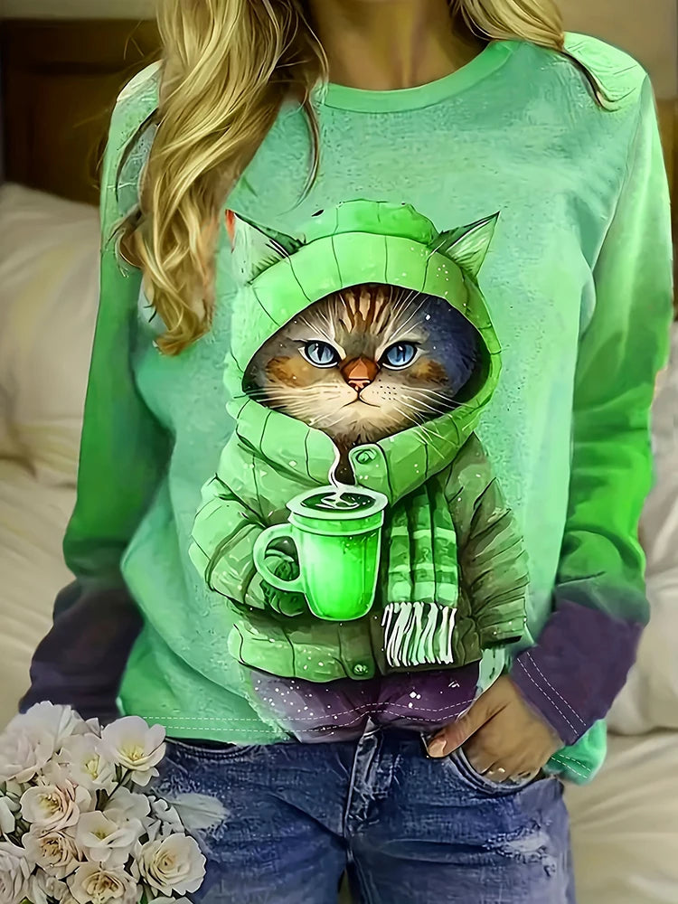 Cat Print Women's Fall/winter Warm Long-sleeved T-shirt
