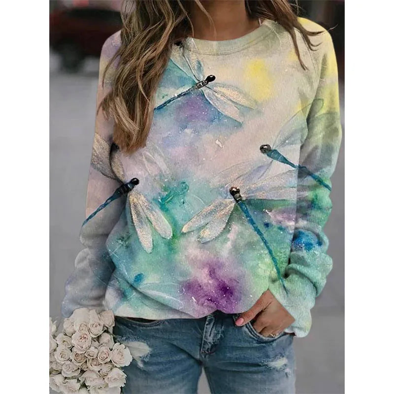 Colorful Dragonfly Hoodie Cute Rabbit 3D Print Women Hoodies Streetwear