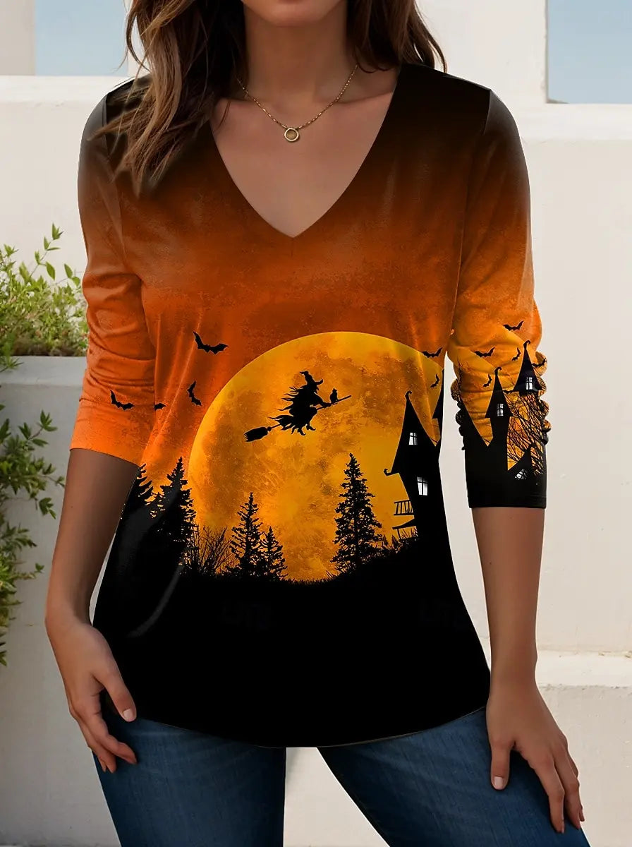 Women's Elegant V-Neck Halloween Bat Print Long Sleeve T-Shirt Soft Polyester Perfect for Autumn and Winter Casual Wear Tops