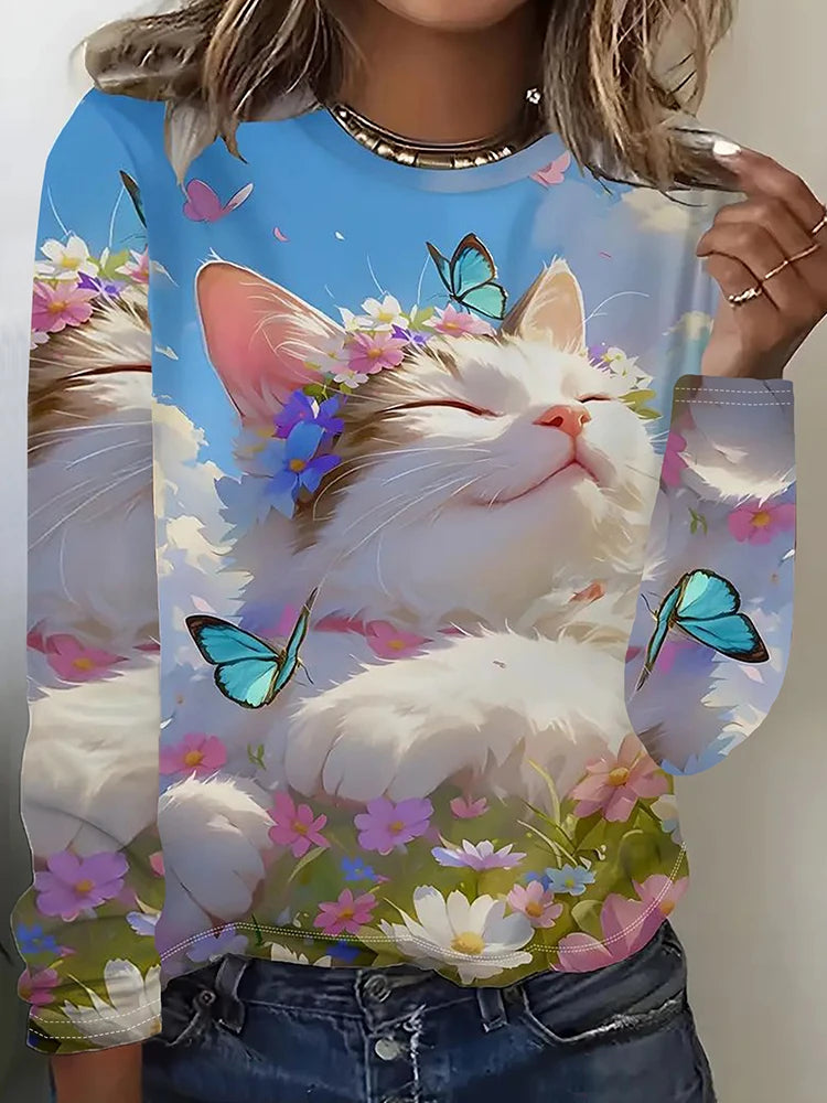 Cat Print Women's Fall/winter Warm Long-sleeved T-shirt