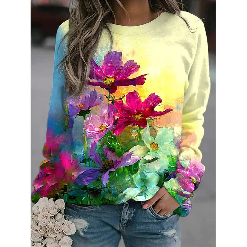Flower Hoodies Floral Oil Painting 3D Print Sweatshirts Women