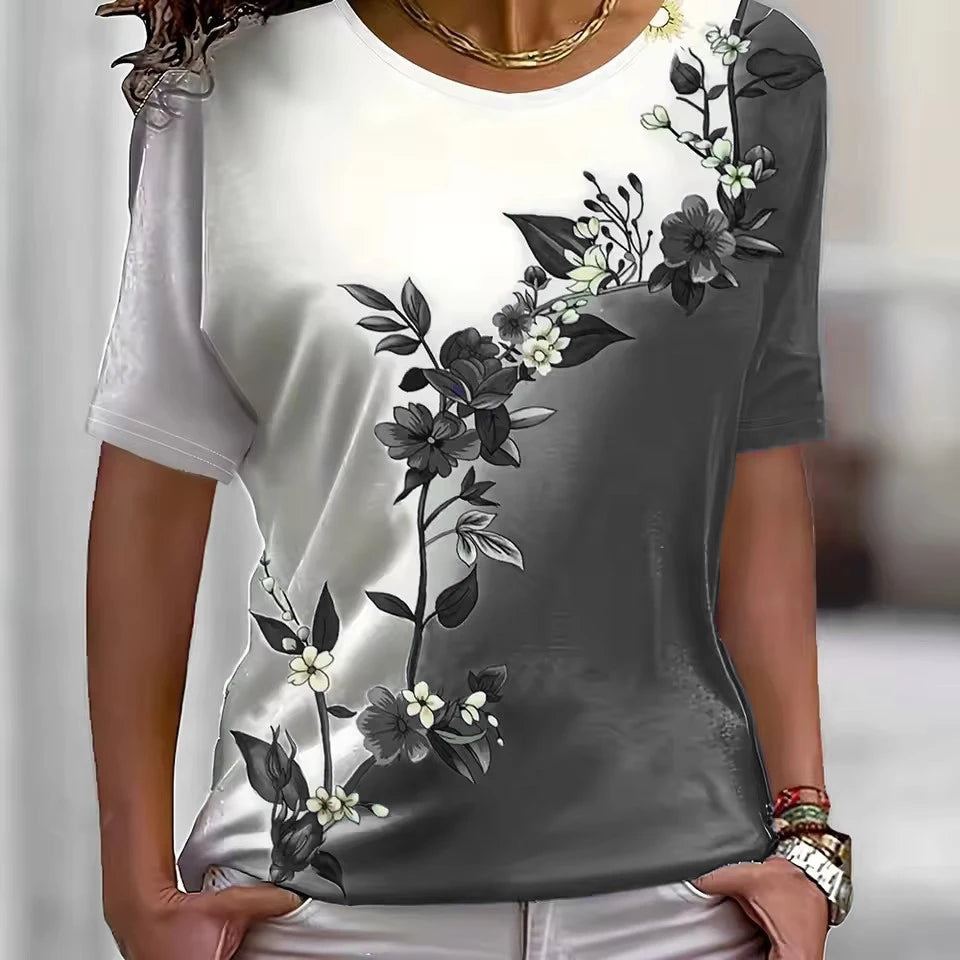 Short Sleeve 3D Printed Street Flower Ladies Tee