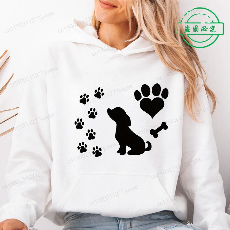 Women Chic Hoodies Fashion Autumn Winter Fleece Long Sleeve Hooded Top Funny Dog and Paw Casual Fashion Lady Hoody Sweatshirts