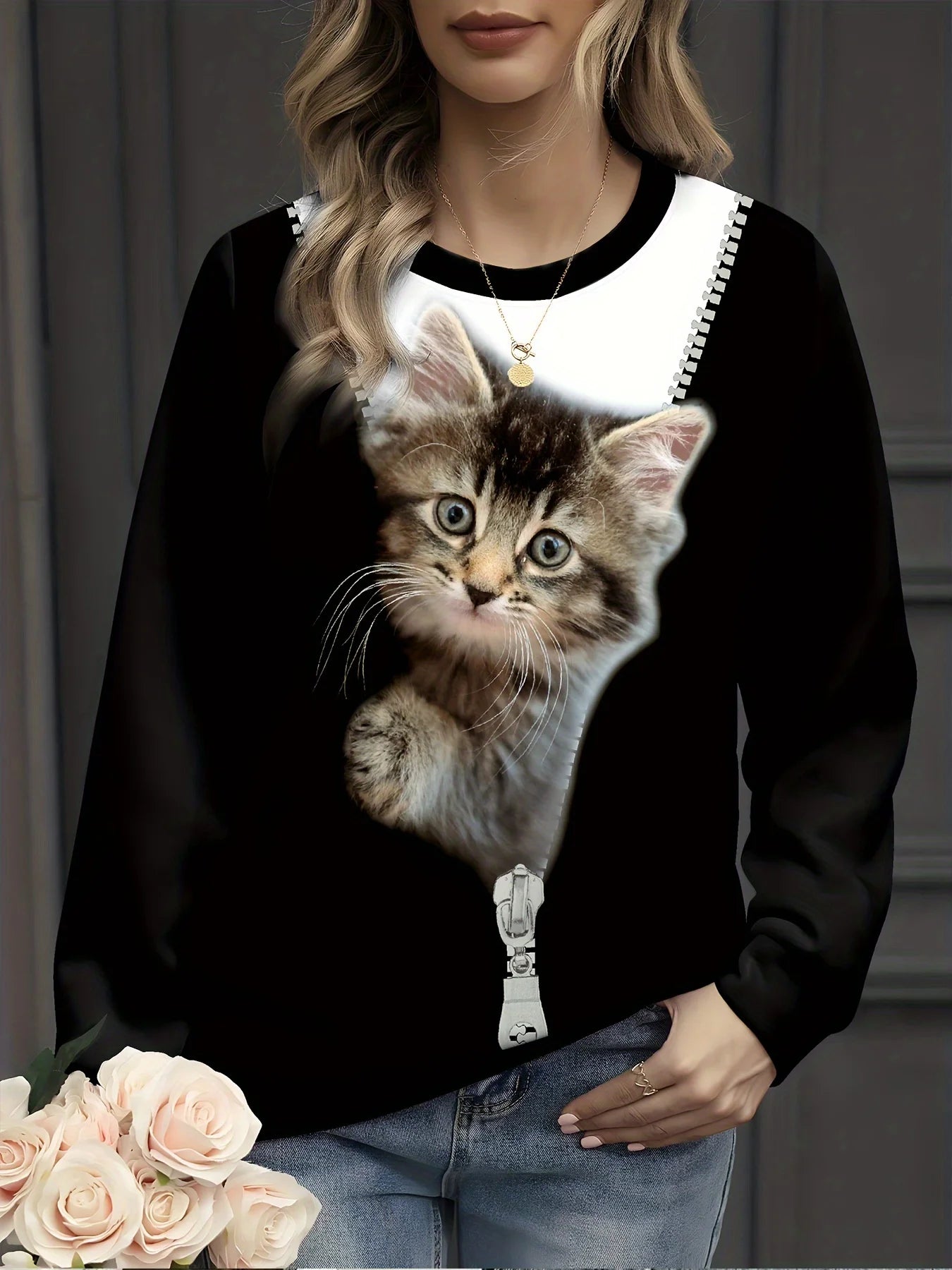 Funny Cat Print Sweatshirt for Women Casual Long Sleeve