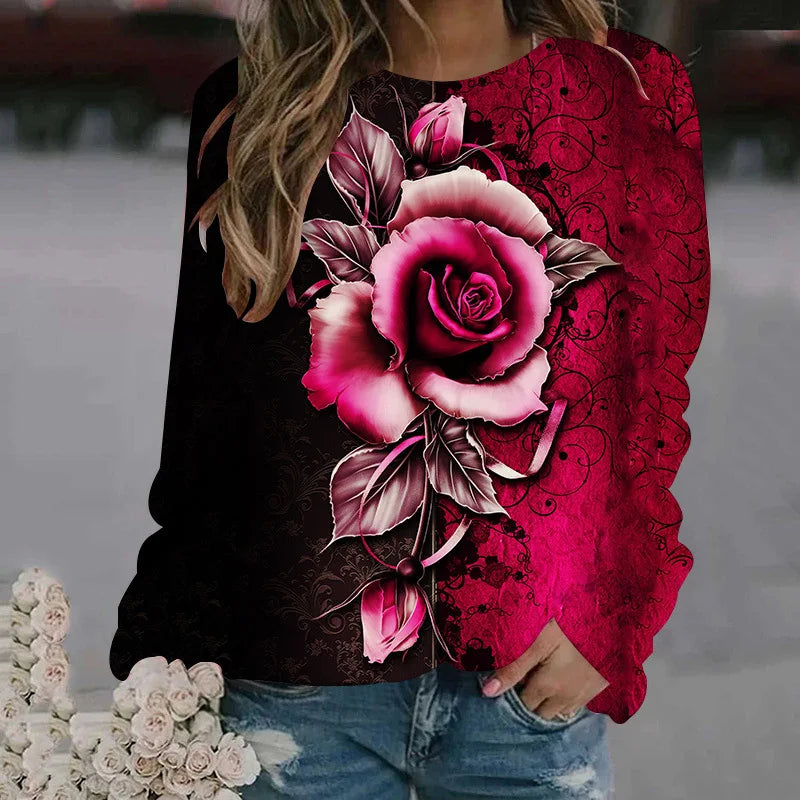 Rose Flower Sweatshirts Floral 3D Print Hoodies Women