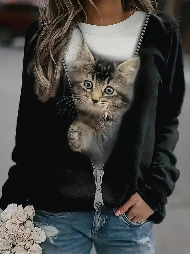 Cat Print Women's Fall/winter Warm Long-sleeved T-shirt
