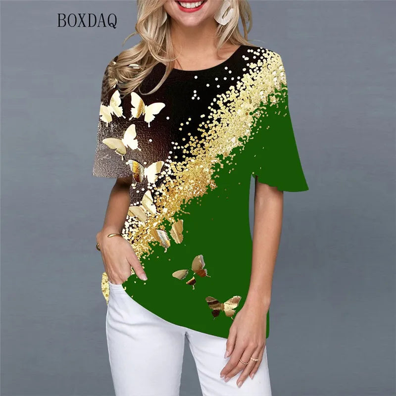 Butterfly Pattern Print Streetwear Women Shirts Short Sleeve