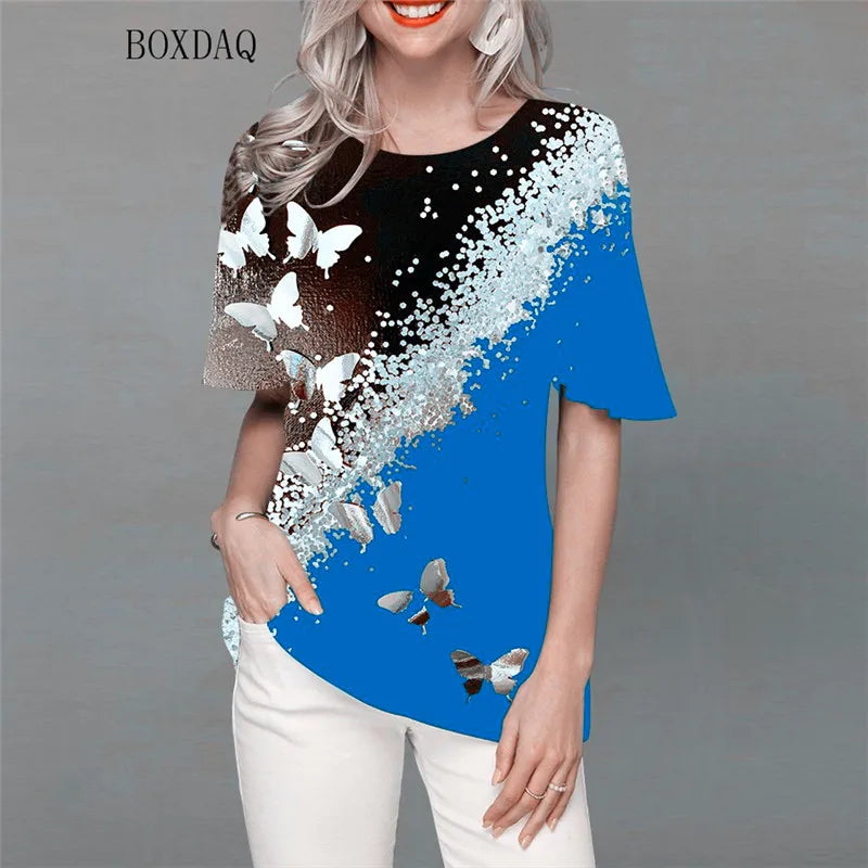 Butterfly Pattern Print Streetwear Women Shirts Short Sleeve