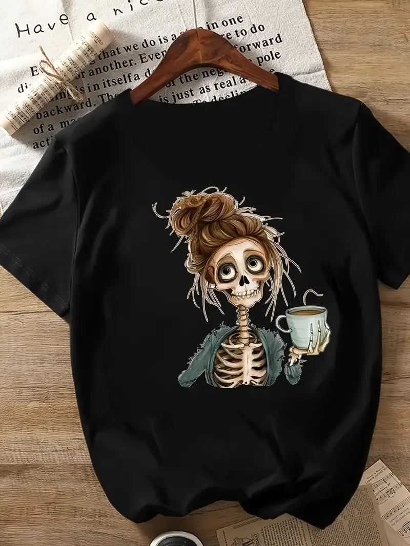 Skeleton Coffee Art Print Short Sleeve T Shirt