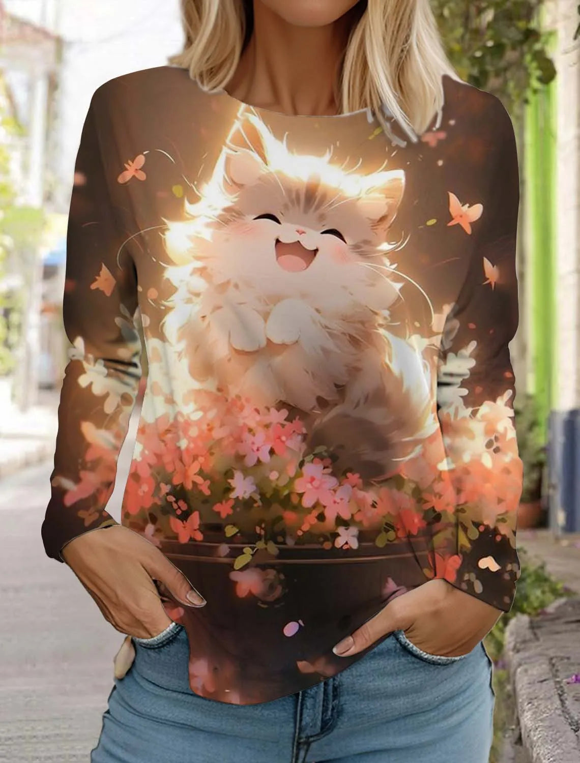 Cute Cat Women's Long Sleeves T-Shirt Round Neck