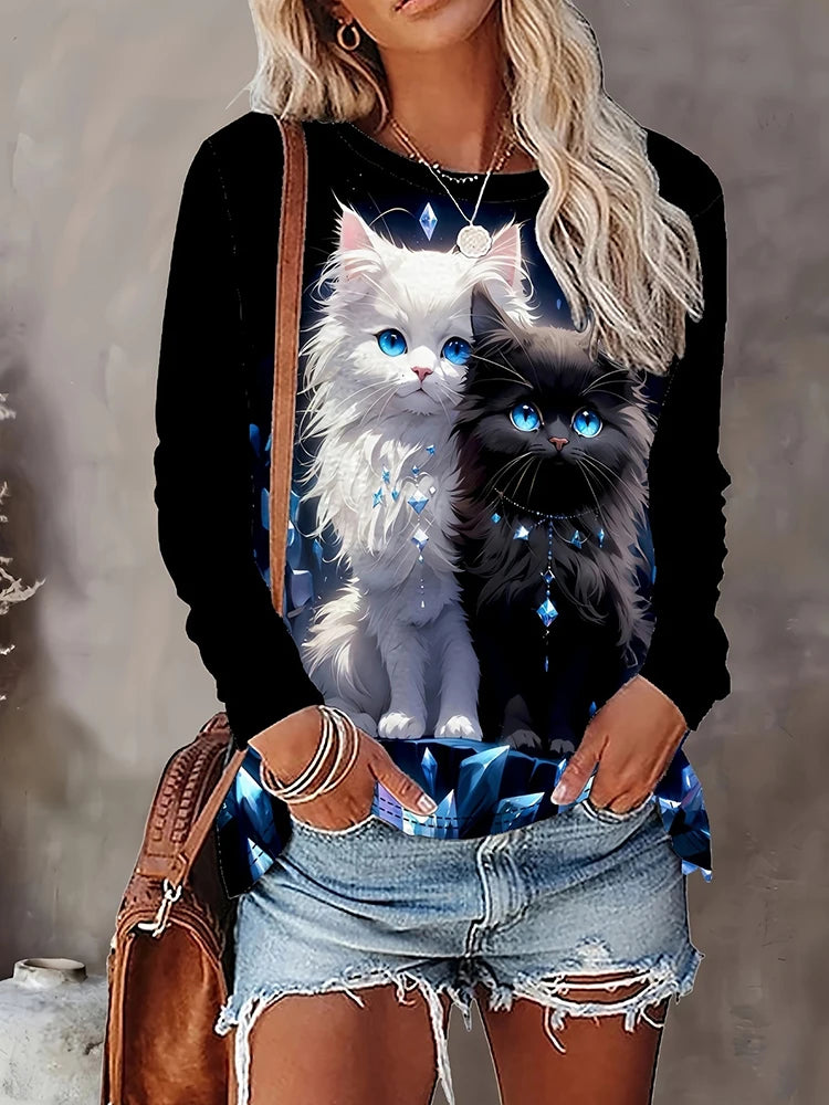 Cat Print Women's Fall/winter Warm Long-sleeved T-shirt